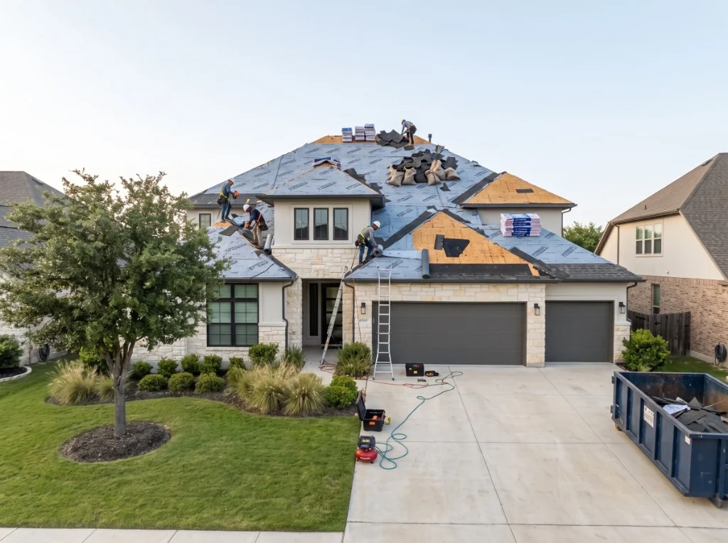 Roof replacement in progress with weather barrier underlayment