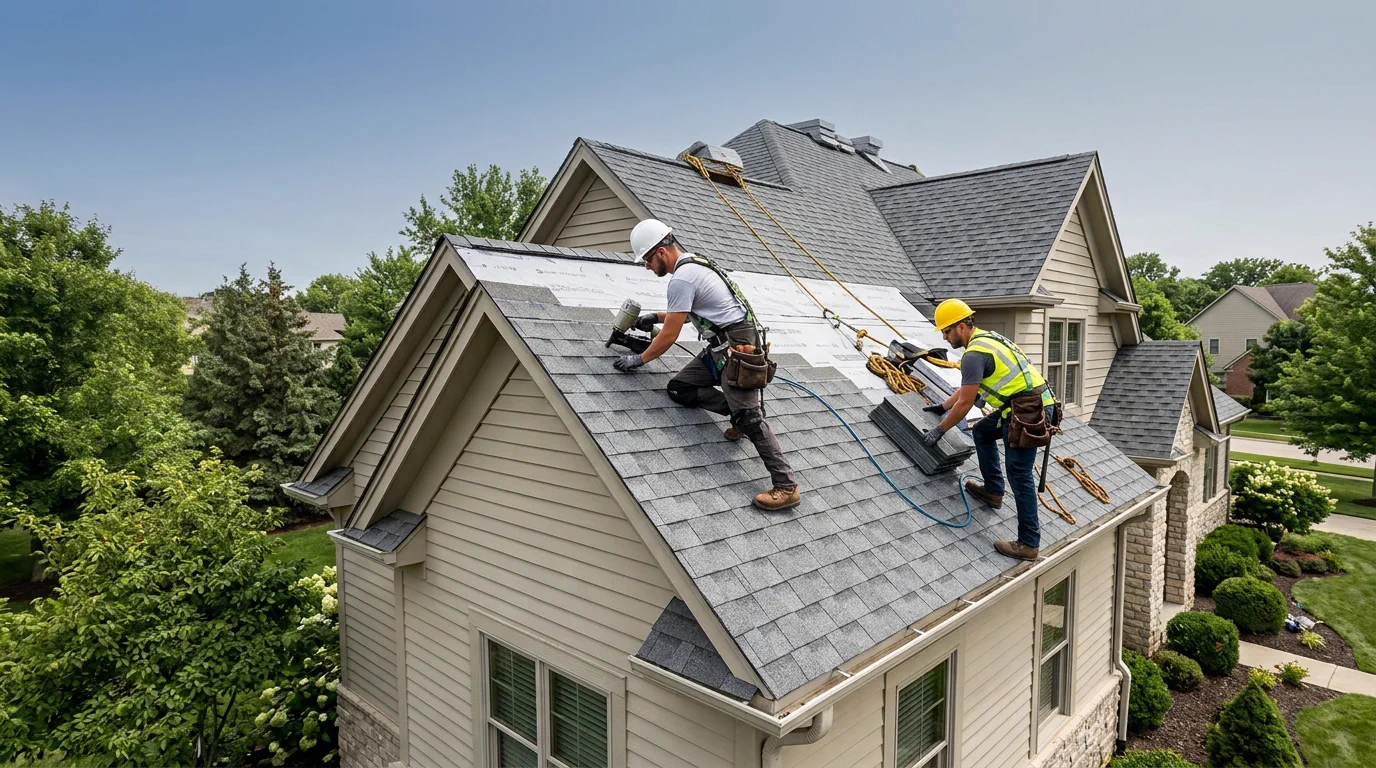 Roofers professionally installing shingles on a residential home